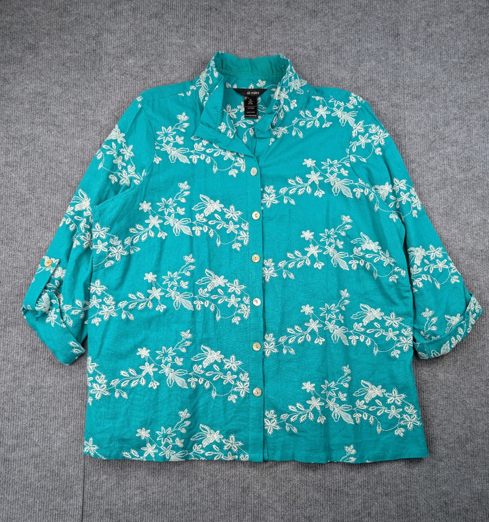 Ali Miles Linen Top Womens 1X Button Up Floral Embroidered Roll Tab Coastal Wire